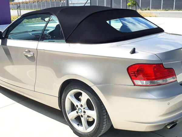 BMW 1 Series, E88 (128i, 135i, M1 etc.) soft top, produced in Haartz Twillfast RPC and comes with heated hard glass window and rain guard edge